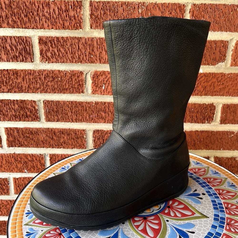 FitFlop Mid-Calf Womens 8 Black Pebbled Leather Wedge Platform Zipper Boots